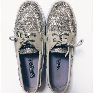 Sperry Top Sider Silver Glitter Boat Shoes Size 7